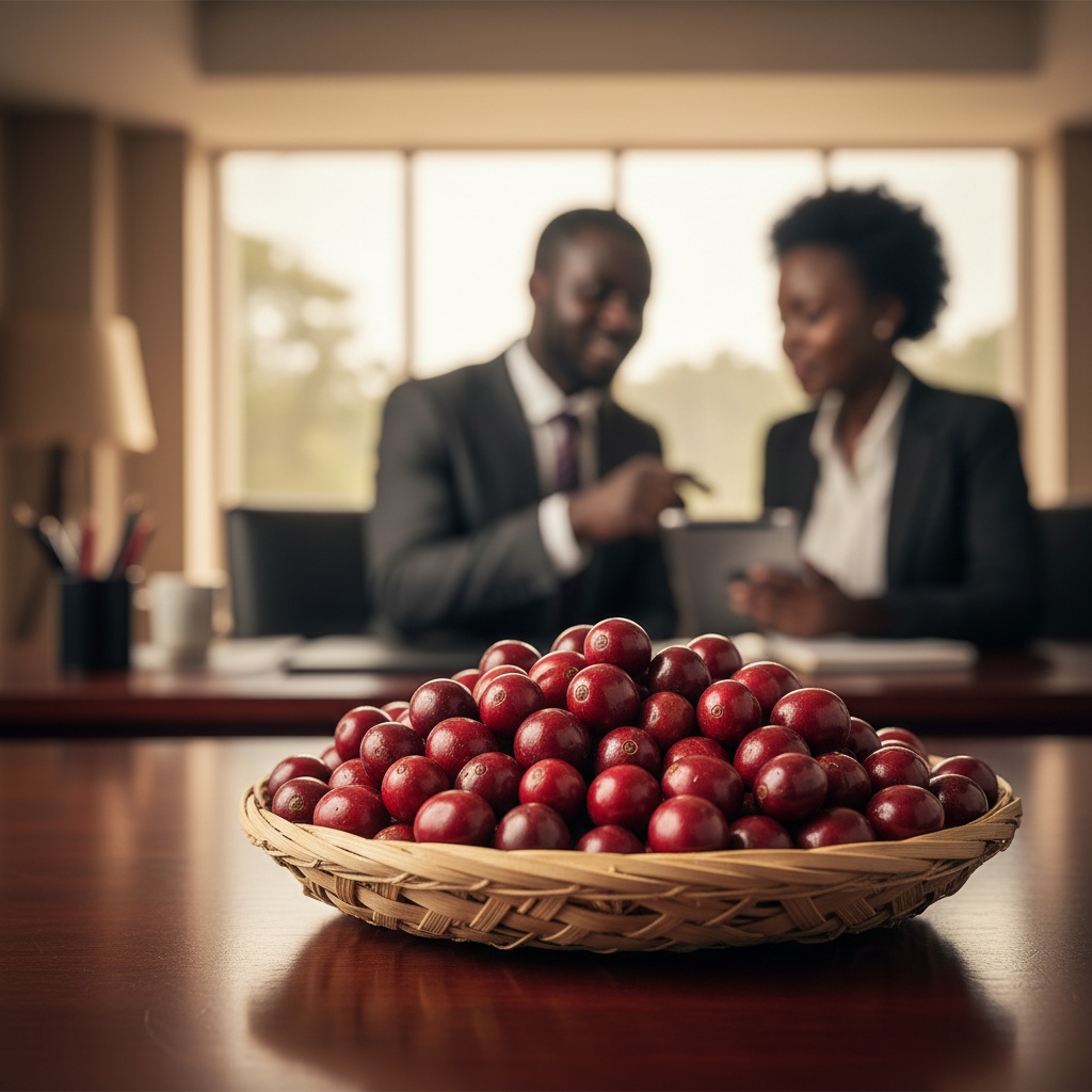 Coffee cherries growing on a Kenyan coffee farm